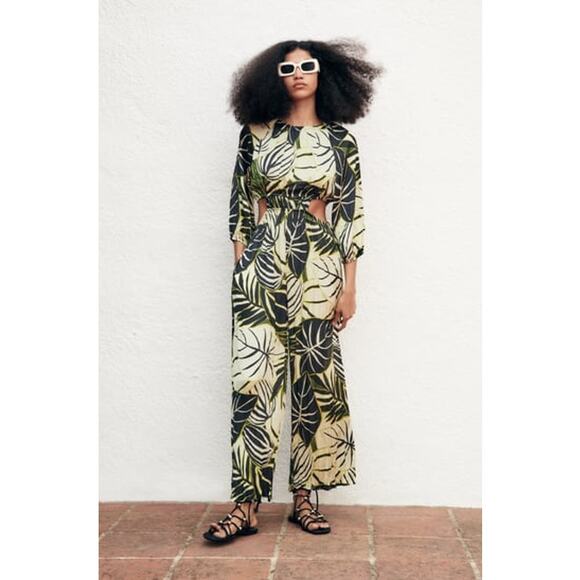 Zara Pants - Zara Satin Effect Tropical Cutout Jumpsuit Beige Black Green Size Small